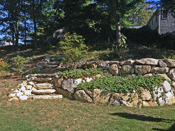 Stone stairs and retaining walls.